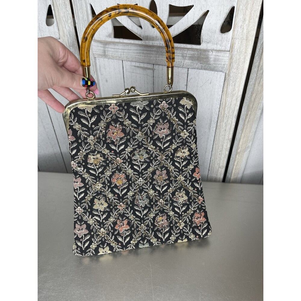 Vintage 50s Tapestry Black Glitter Floral Bag Top Lucite Handle Colorful